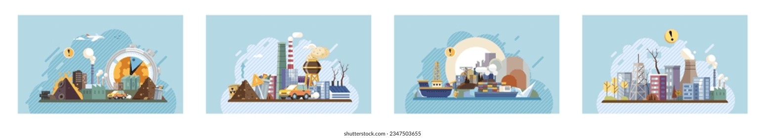 Industrial pollution. Dirty waste. Environmental pollution. Vector illustration. Dirty waste disposal methods are putting ecosystems at risk Air, water, and soil pollution are directly linked