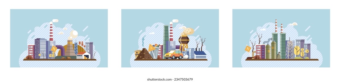 Industrial pollution. Dirty waste. Environmental pollution. Vector illustration. Smokes with smog are daily sight in many industrialized cities Trash emission strategies must include community