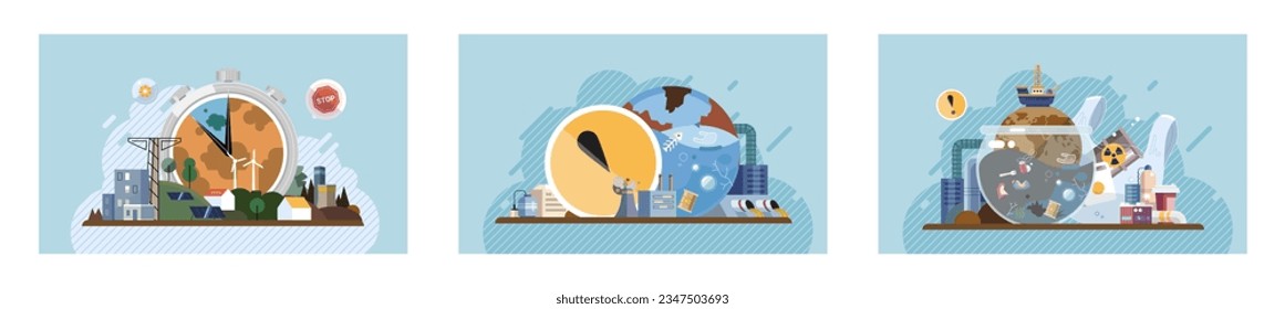 Industrial pollution. Dirty waste. Environmental pollution. Vector illustration. Factory emitting smoke is affecting health nearby residents Toxic waste chemicals are poisoning our soil Industrial