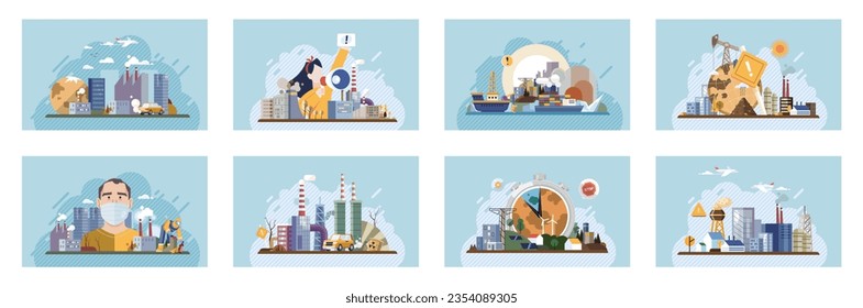 Industrial pollution. Dirty waste. Environmental pollution. Vector illustration. Air, water, and soil pollution by industrial production is most pressing issue our time Factory emitting smoke needs to