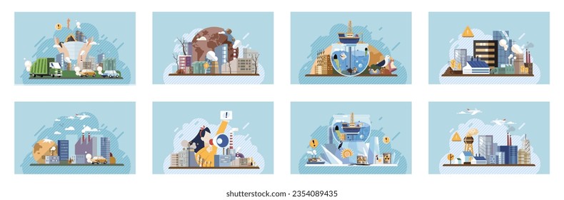 Industrial pollution. Dirty waste. Environmental pollution. Vector illustration. Industrial pollution is no longer problem we cignore Dirty water in our oceans is killing marine life Smokes with smog