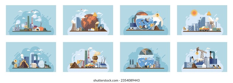 Industrial pollution. Dirty waste. Environmental pollution. Vector illustration. Trash emission is contributing to environmental pollution Dirty waste from factories is polluting our water sources