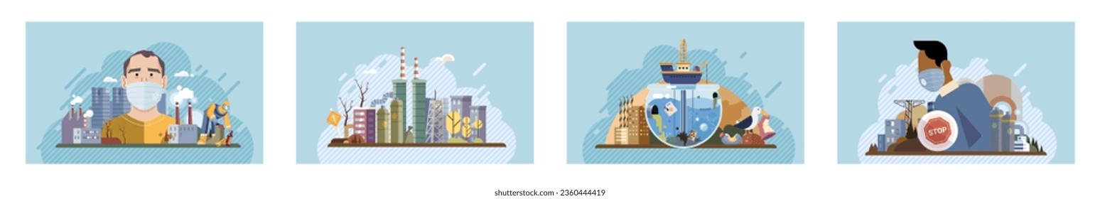 Contaminación industrial. Desperdicios sucios. Contaminación ambiental. Ilustración vectorial. La contaminación del aire, el agua y el suelo está directamente relacionada con la producción industrial. El humo que emite la fábrica puede verse desde kilómetros