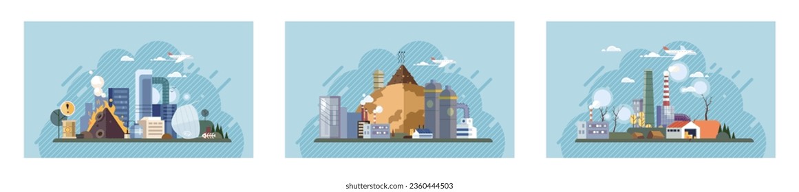 Industrial pollution. Dirty waste. Environmental pollution. Vector illustration. Dirty waste must be processed using environmentally friendly methods Air, water, and soil pollution by industrial