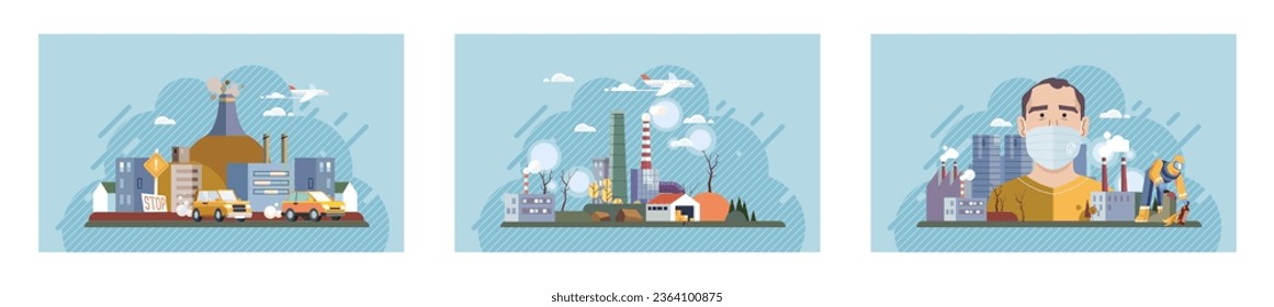 Industrial pollution. Dirty waste. Environmental pollution. Vector illustration. Air, water, and soil pollution are directly linked to industrial production Factory emitting smoke cbe seen from miles