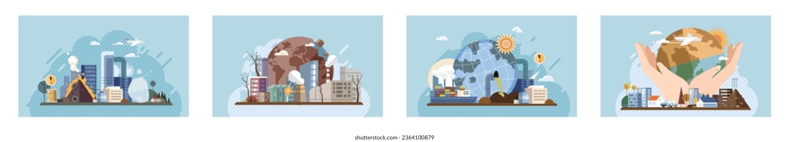 Industrial pollution. Dirty waste. Environmental pollution. Vector illustration. Factory emitting smoke is common sight near industrial zones Toxic waste chemicals are being dumped into rivers