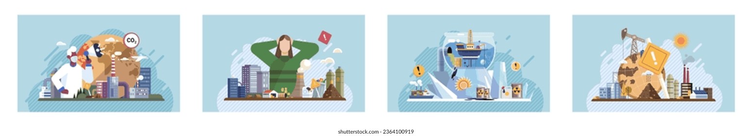 Industrial pollution. Dirty waste. Environmental pollution. Vector illustration. Factory emitting smoke cbe seen from miles away Toxic waste chemicals are causing irreparable damage to earth