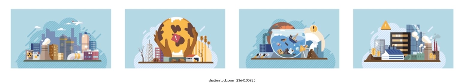 Industrial pollution. Dirty waste. Environmental pollution. Vector illustration. Factory emitting smoke is image industrial progress and environmental degradation Toxic waste chemicals are stored