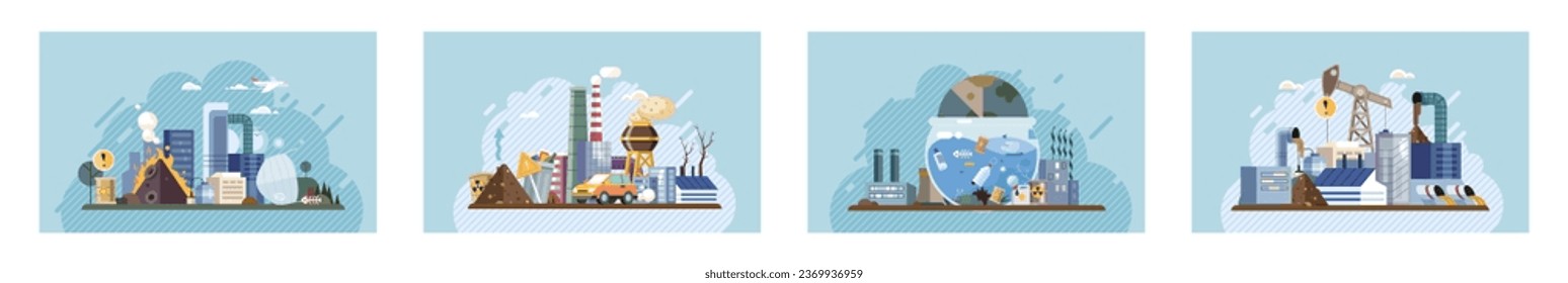 Contaminación industrial. Desperdicios sucios. Contaminación ambiental. Ilustración vectorial. El humo que emiten las fábricas es algo común cerca de las zonas industriales. Los desechos tóxicos se están vertiendo en los ríos