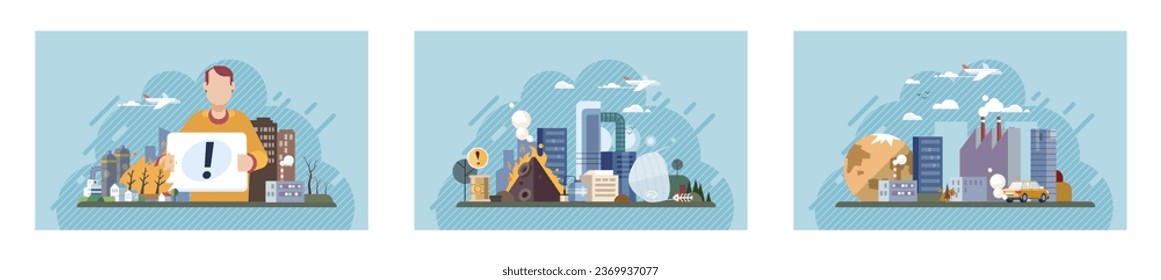 Industrial pollution. Dirty waste. Environmental pollution. Vector illustration. Factory emitting smoke is image industrial progress and environmental degradation Toxic waste chemicals are stored