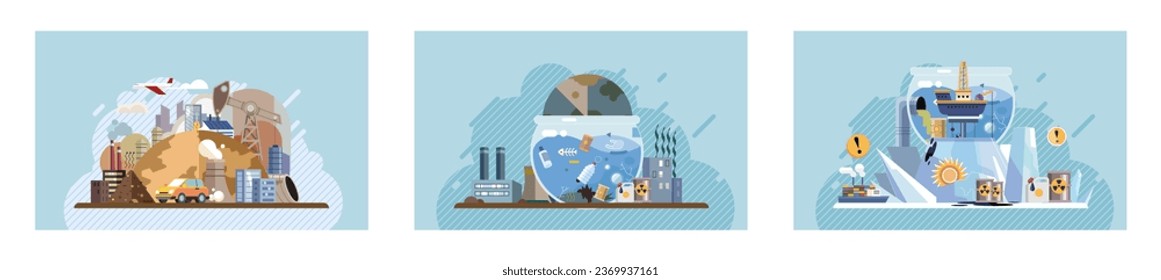 Industrial pollution. Dirty waste. Environmental pollution. Vector illustration. Dirty water in lakes is result industrial pollution Smokes with smog have become major concern in big cities Trash