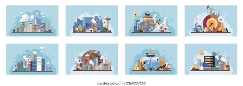 Industrial pollution. Dirty waste. Environmental pollution. Vector illustration. Smokes with smog are manifestation our industrialized society Trash emission is overlooked aspect environmental - Shutterstock ID 2369937169