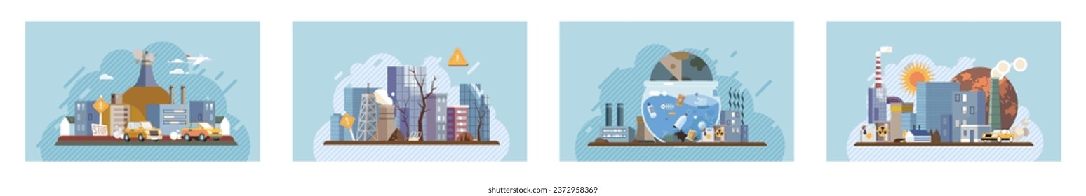 Industrial pollution. Dirty waste. Environmental pollution. Vector illustration. Toxic waste chemicals are stored without proper safety measures Industrial pollution is result increased production