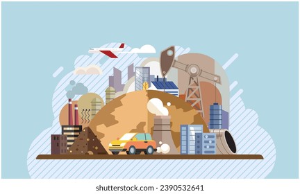 Industrial pollution. Dirty waste. Environmental pollution. Vector illustration. The contamination air, water, and soil is complex issue Factory emitting smoke should be regulated more strictly