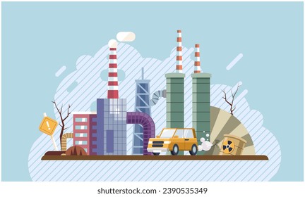 Industrial pollution. Dirty waste. Environmental pollution. Vector illustration. Trash emission strategies must include community participation Environmental pollution is burden on future generations