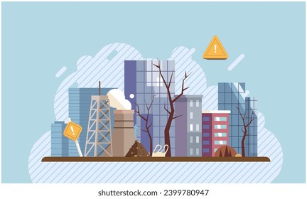 Industrial pollution. Dirty waste. Environmental pollution. Vector illustration. Air, water, and soil pollution are directly linked to industrial production Factory emitting smoke cbe seen from miles
