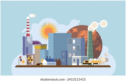 Industrial pollution. Dirty waste. Environmental pollution. Vector illustration. Factory emitting smoke is image industrial progress and environmental degradation Toxic waste chemicals are stored