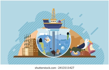 Industrial pollution. Dirty waste. Environmental pollution. Vector illustration. Environmental pollution is affecting our quality life Dirty waste materials are polluting our beautiful landscapes