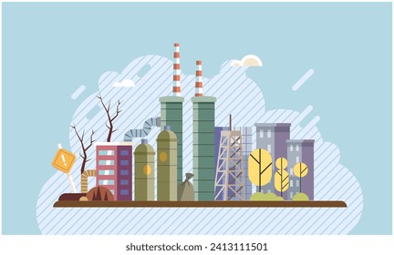 Industrial pollution. Dirty waste. Environmental pollution. Vector illustration. Industrial pollution is no longer problem we cignore Dirty water in our oceans is killing marine life Smokes with smog