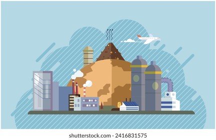 Contaminación industrial. Desperdicios sucios. Contaminación ambiental. Ilustración vectorial. La contaminación ambiental ha alcanzado niveles alarmantes La gestión de residuos sucios necesita una reforma urgente El aire contaminante