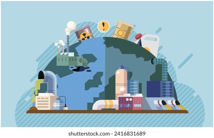 Industrial pollution. Dirty waste. Environmental pollution. Vector illustration. Dirty waste must be processed using environmentally friendly methods Air, water, and soil pollution by industrial