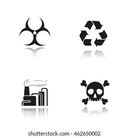 Industrial pollution drop shadow black icons set. Biohazard and recycle symbols, factory air pollution and skull with crossbones poison sign. Isolated vector illustrations