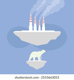 Industrial Pollution Impacting Arctic Wildlife with Polar Bear and Factory Emissions 2d flat vector illustrations