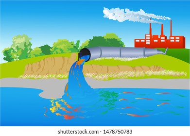 Industrial pollution of nature. The discharge of waste affects a river. Vector illustration.