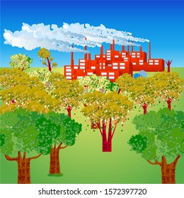 Industrial pollution of nature. Image of a factory poisoning the environment. The dead forest. Vector illustration.