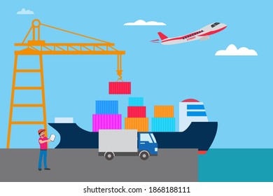 Concepto de vector de puerto industrial: Contenedor de contenedores cargando contenedores en el puerto