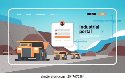 industrial portal website landing page template open pit mining industry with trucks for coal anthracite