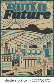 Hintergrundbild der Industrie, Baustelle, Fabrik, Krane, Rohre, Grunge Textur, alte sowjetische Propaganda Plakatfarben