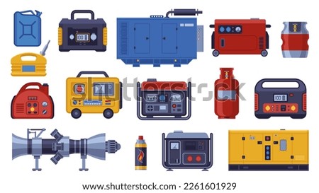 Industrial power generator. Energy generating portable electrical alternator, propane gas cylinder, fuel jerrycans, cartoon diesel backup equipment. Vector set of generator machine mobile illustration