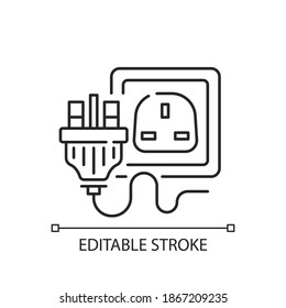 Industrial power outlet linear icon. Plug with multiple pins. Wall socket for appliance cable. Thin line customizable illustration. Contour symbol. Vector isolated outline drawing. Editable stroke