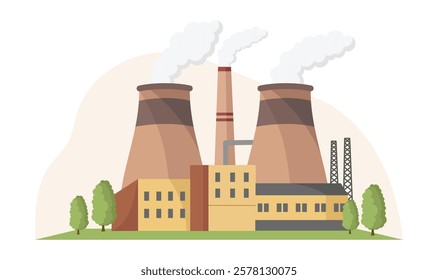 Industrial power plant with smoke stacks and greenery. Vector illustration