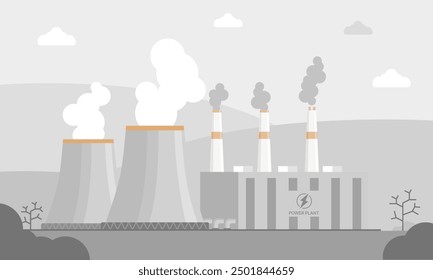 Ilustración vectorial de la planta de energía de Industrial. Paisaje en escala de grises con torres de enfriamiento, chimeneas y edificios de fábricas. Concepto de impacto ambiental. Diseño minimalista que muestra la contaminación energética