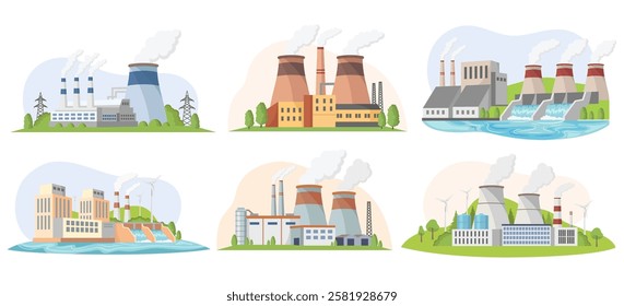 Industrial power plants with smokestacks and green surroundings. Vector illustration