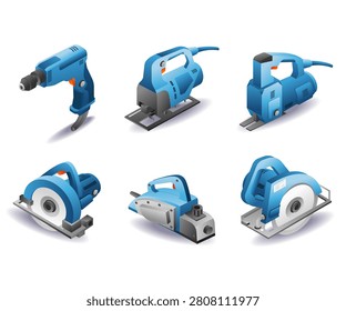 Industrial Power Tools Isometric Equipment Icon Set