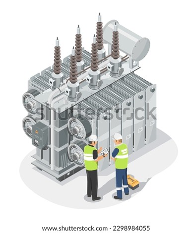 Industrial Power Transformer Electrical engineer working installation and maintenance Service power plant isometric concept cartoon isolated vector