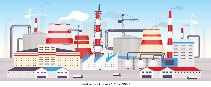 Industrial powerplant flat color vector illustration. Energy station 2D cartoon landscape with construction cranes and chimneys on background. Modern manufacturing facility, power generation factory