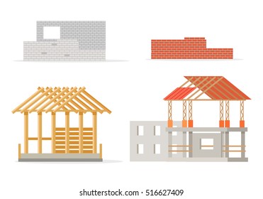 Industrial process of building new house. Stages of constructing. Industrial and design brick wall, house frame of girders, pieces of roof, foundation of house and cement walls. Vector illustration