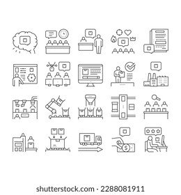 Industrial Process Collection Icons Set Vector. Industrial Production And Manufacturing, Creative Command Department And Meeting, Conveyor And Delivery Black Contour Illustrations