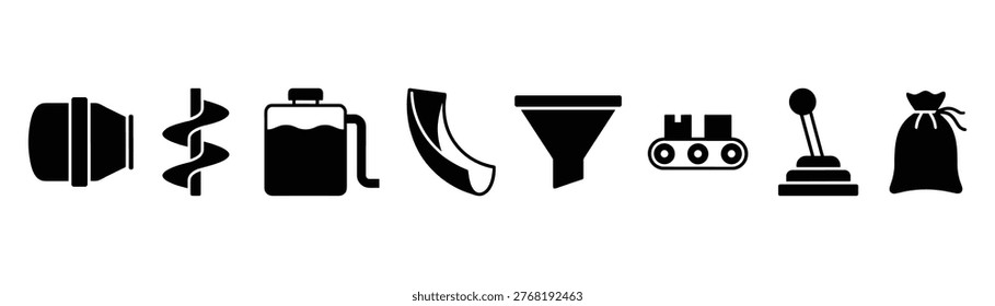Industrial process elements. Pipe, spiral, tank, chute, funnel, conveyor belt, gear shift lever, money bag.