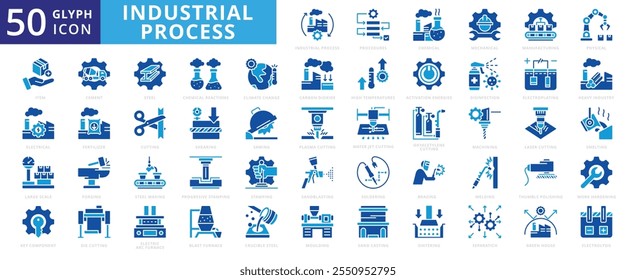 Processo industrial ícone conjunto com galvanoplastia, aço, laser, ícone, cimento, fabricação, química, elétrica, mecânica, física, solda, fertilizante, desinfecção e usinagem