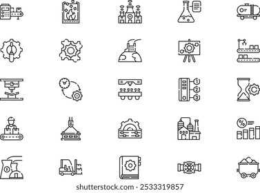 A coleção de ícones de processo industrial é uma ilustração vetorial com traçado editável.