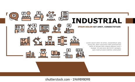Industrial Process Landing Web Page Header Banner Template Vector. Industrial Production And Manufacturing, Creative Command Department And Meeting, Conveyor And Delivery Illustration