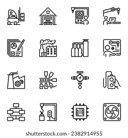 Industrial process line icons set. technician, warehouse, lined, robot, machinery, management, manufacturing, engineer, gas, package, production