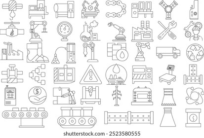 Industrial process and manufacturing icon set for logo and T-Shirt. Thin line art editable stroke.