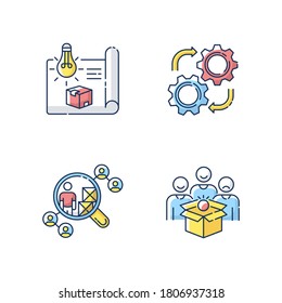 Industrial processes RGB color icons set. Product concept development, prototype production, vendor selection and maintenance service. Isolated vector illustrations
