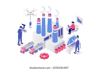 Industrial production 3d isometric concept in geometry graphic design for web. People work at factory infrastructure with chimney pipes, using trucks for transportation logistic. Vector illustration.